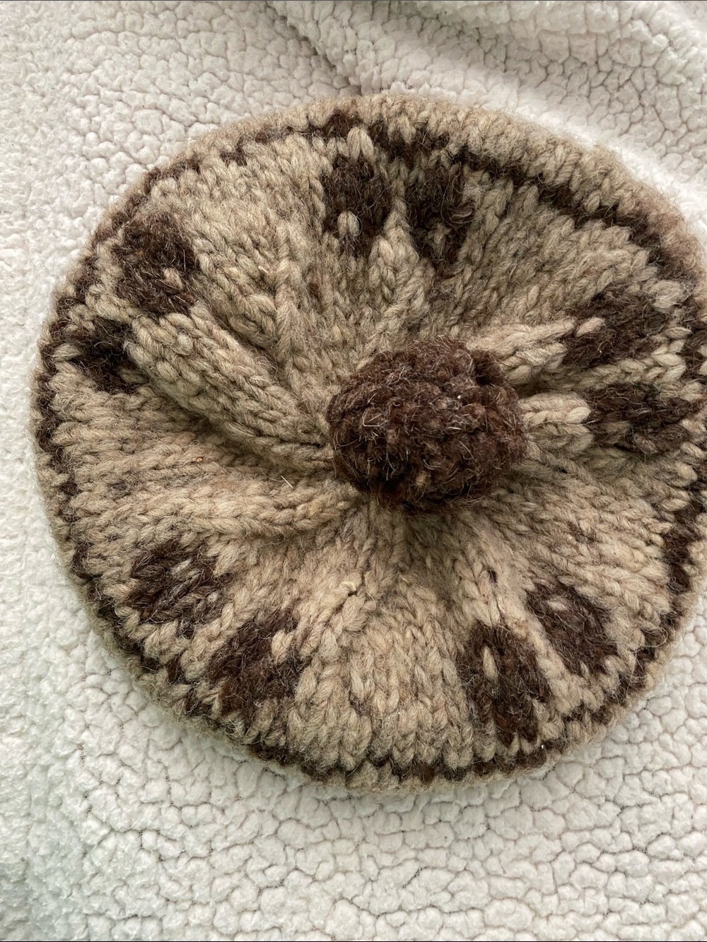 Hand-Knit Vintage Beige & Brown Beret